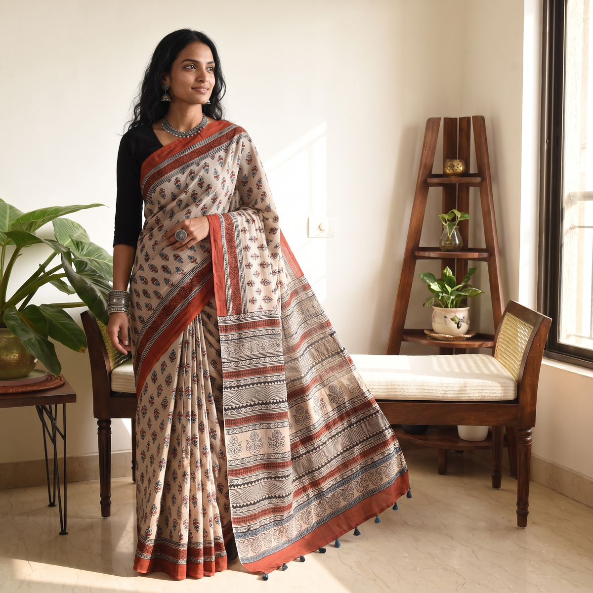 Beige Kutch Hand Block Print Natural Dyed Pure Mul Cotton Ajrakh Saree with Tassels, draped and worn by a woman, AI visual of the saree, iTokri