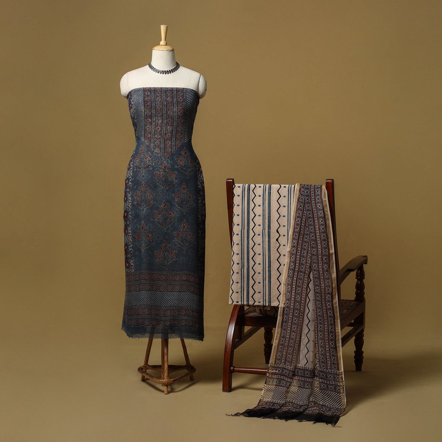 Kutch hand natural dyed kota doria cotton 3pc unstitched