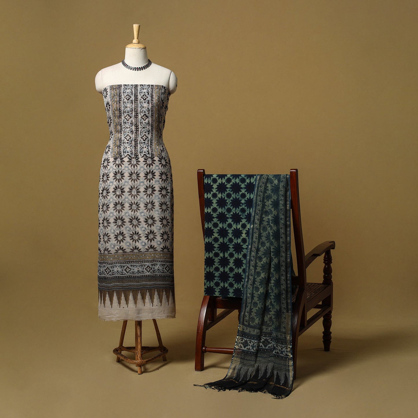 Kutch hand natural dyed kota doria cotton 3pc unstitched