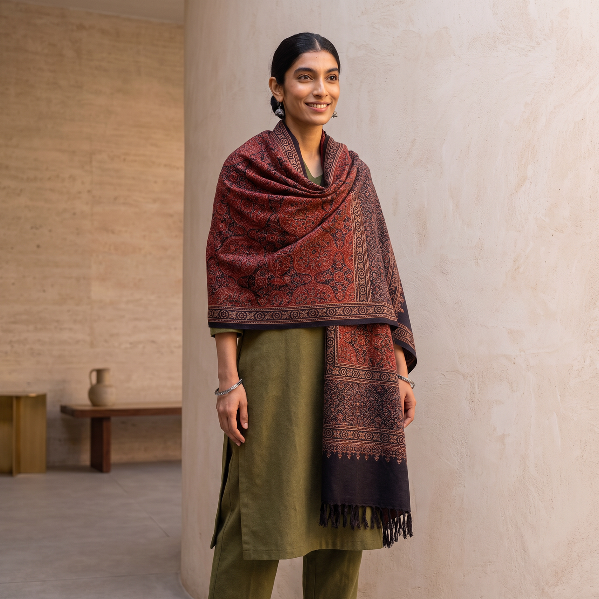 Red Kutch Handwoven Ajrakh Hand Block Print Merino Wool Shawl, worn by a model, AI visual of the shawl, iTokri