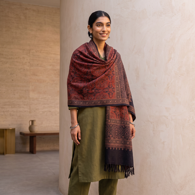 Red Kutch Handwoven Ajrakh Hand Block Print Merino Wool Shawl, worn by a model, AI visual of the shawl, iTokri