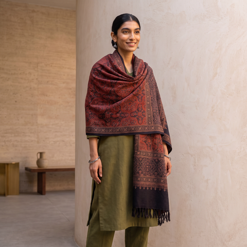 Red Kutch Handwoven Ajrakh Hand Block Print Merino Wool Shawl, worn by a model, AI visual of the shawl, iTokri
