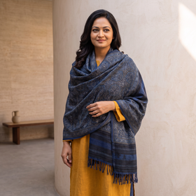 Blue Kutch Handwoven Ajrakh Hand Block Print Merino Wool Shawl, worn by a model, AI visual of the shawl, iTokri