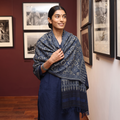 Blue Kutch Handwoven Ajrakh Hand Block Print Merino Wool Shawl, worn by a model, AI visual of the shawl, iTokri