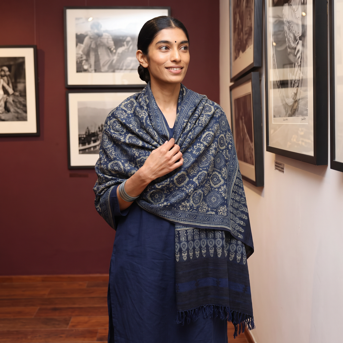 Blue Kutch Handwoven Ajrakh Hand Block Print Merino Wool Shawl, worn by a model, AI visual of the shawl, iTokri