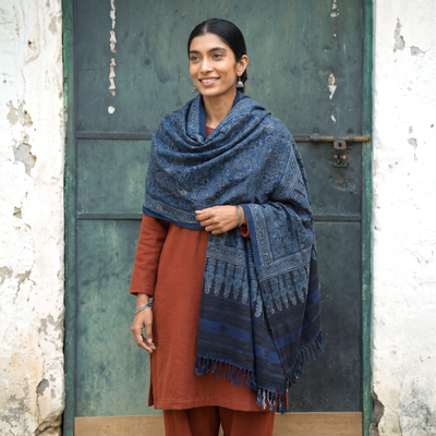 Blue Kutch Handwoven Ajrakh Hand Block Print Merino Wool Shawl, worn by a model, AI visual of the shawl, iTokri