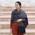 Blue Kutch Handwoven Ajrakh Hand Block Print Merino Wool Shawl, worn by a model, AI visual of the shawl, iTokri
