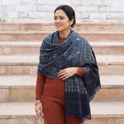 Blue Kutch Handwoven Ajrakh Hand Block Print Merino Wool Shawl, worn by a model, AI visual of the shawl, iTokri