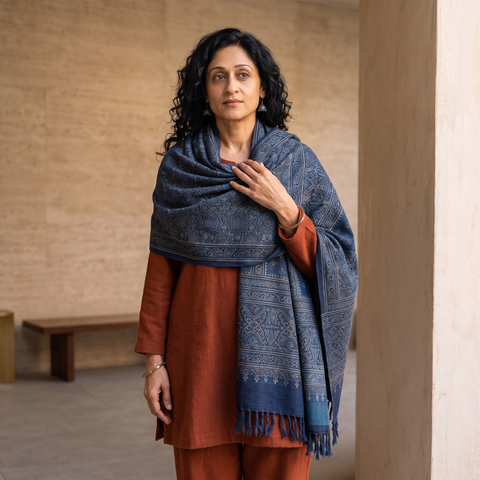 Blue Kutch Handwoven Ajrakh Hand Block Print Merino Wool Shawl, worn by a model, AI visual of the shawl, iTokri