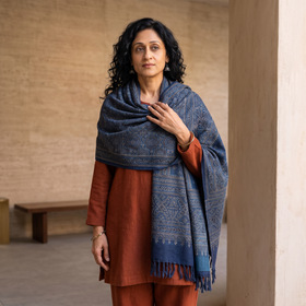 Blue Kutch Handwoven Ajrakh Hand Block Print Merino Wool Shawl, worn by a model, AI visual of the shawl, iTokri