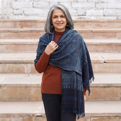 Blue Kutch Handwoven Ajrakh Hand Block Print Merino Wool Shawl, worn by a model, AI visual of the shawl, iTokri