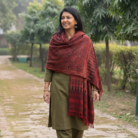 Red Kutch Handwoven Ajrakh Hand Block Print Merino Wool Shawl, worn by a model, AI visual of the shawl, iTokri