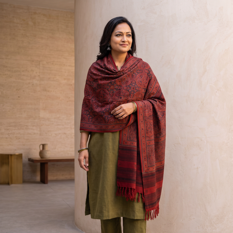 Maroon Kutch Handwoven Ajrakh Hand Block Print Merino Wool Shawl, worn by a model, AI visual of the shawl, iTokri
