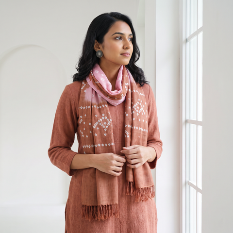 Brown Kutch Handwoven Bagida Merino Wool Tie-Dye Bandhani Stole, worn by a woman, AI visual of the stole, iTokri