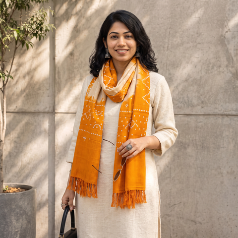 Orange Kutch Handwoven Bagida Merino Wool Tie-Dye Bandhani Stole, worn by a woman, AI visual of the stole, iTokri