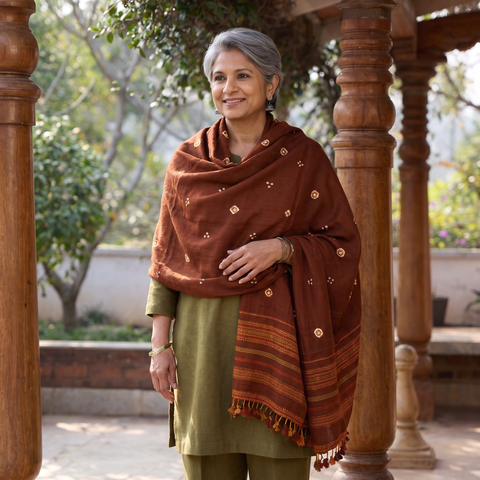 Brown Kutch Handwoven Bandhani Merino Wool Shawl, worn by a model, AI visual of the shawl, iTokri