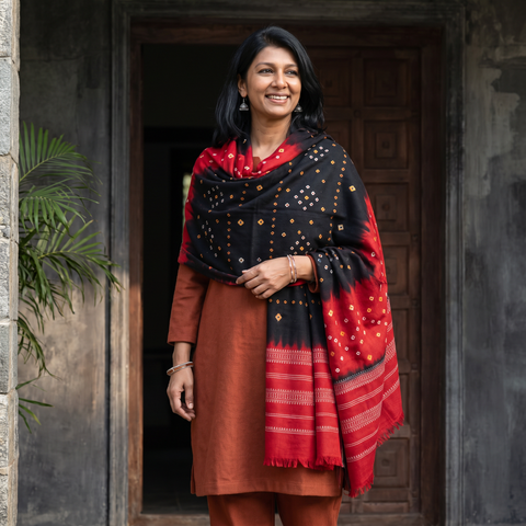 Black Kutch Handwoven Bandhani Merino Wool Shawl, worn by a model, AI visual of the shawl, iTokri