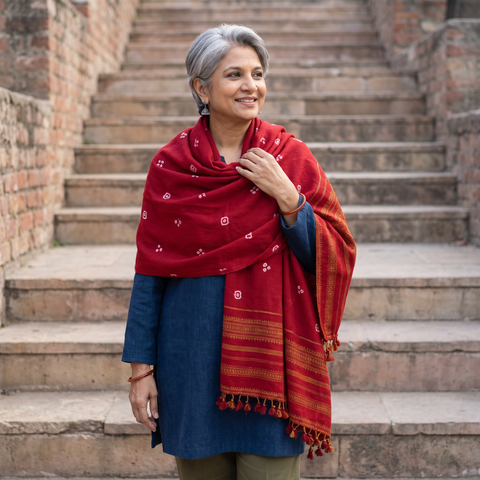 Red Kutch Handwoven Bandhani Merino Wool Shawl, worn by a model, AI visual of the shawl, iTokri