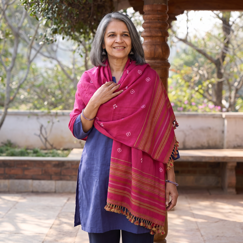 Pink Kutch Handwoven Bandhani Merino Wool Shawl, worn by a model, AI visual of the shawl, iTokri