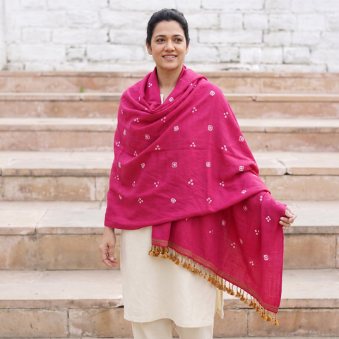Pink Kutch Handwoven Bandhani Merino Wool Shawl, worn by a model, AI visual of the shawl, iTokri