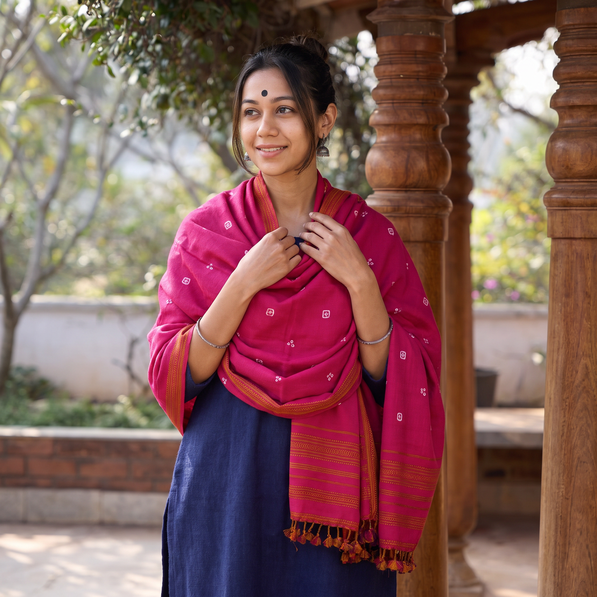 Pink Kutch Handwoven Bandhani Merino Wool Shawl, worn by a model, AI visual of the shawl, iTokri