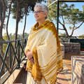 Yellow Kutch Handwoven Bandhani Merino Wool Shawl, worn by a model, AI visual of the shawl, iTokri