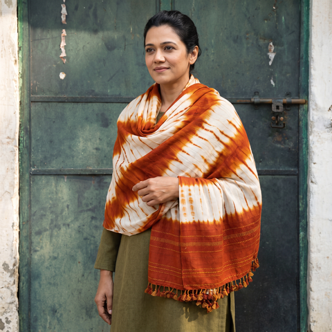 Yellow Kutch Handwoven Bandhani Merino Wool Shawl, worn by a model, AI visual of the shawl, iTokri