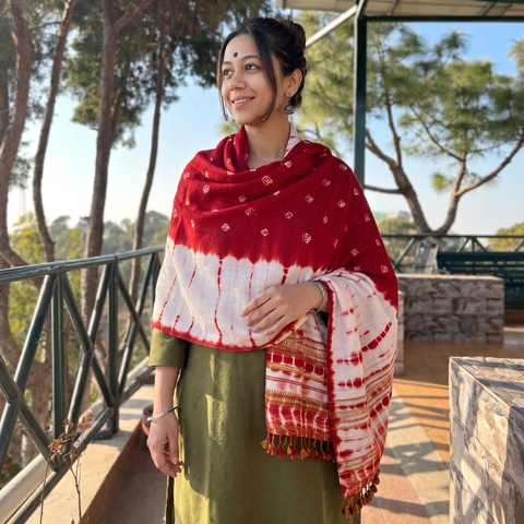 Red Kutch Handwoven Bandhani Merino Wool Shawl, worn by a model, AI visual of the shawl, iTokri