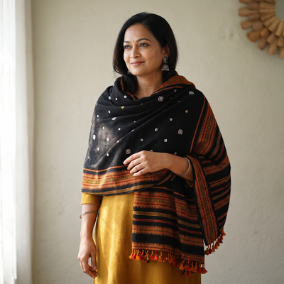 Black Kutch Handwoven Bandhani Merino Wool Shawl, worn by a model, AI visual of the shawl, iTokri