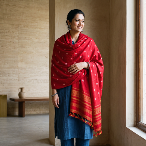 Red Kutch Handwoven Bandhani Merino Wool Shawl, worn by a model, AI visual of the shawl, iTokri
