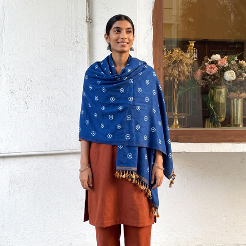 Blue Kutch Handwoven Bandhani Merino Wool Shawl, worn by a model, AI visual of the shawl, iTokri