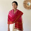 Pink Kutch Handwoven Bandhani Merino Wool Shawl, worn by a model, AI visual of the shawl, iTokri