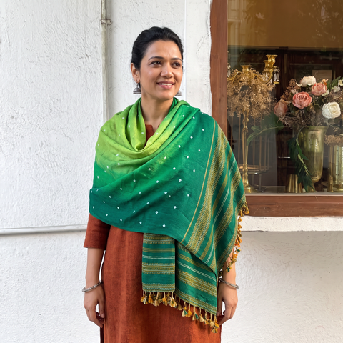 Green Kutch Handwoven Bandhani Merino Wool Shawl, worn by a model, AI visual of the shawl, iTokri