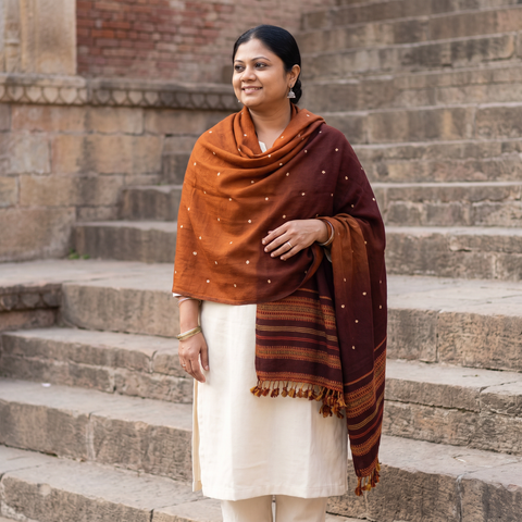 Brown Kutch Handwoven Bandhani Merino Wool Shawl, worn by a model, AI visual of the shawl, iTokri