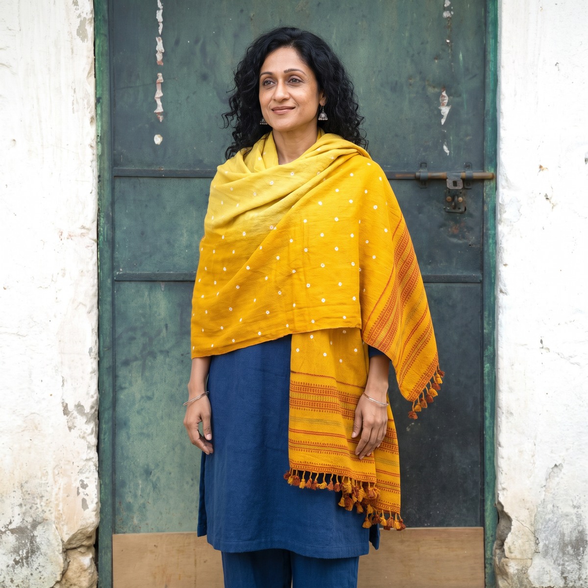 Yellow Kutch Handwoven Bandhani Merino Wool Shawl, worn by a model, AI visual of the shawl, iTokri
