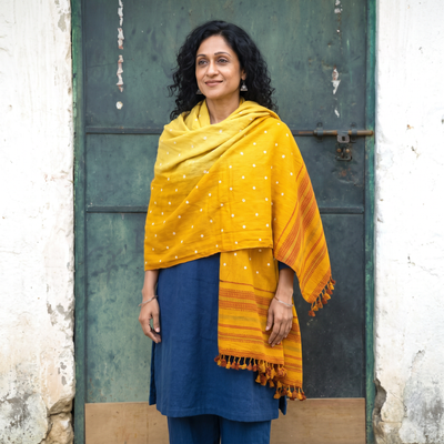 Yellow Kutch Handwoven Bandhani Merino Wool Shawl, worn by a model, AI visual of the shawl, iTokri