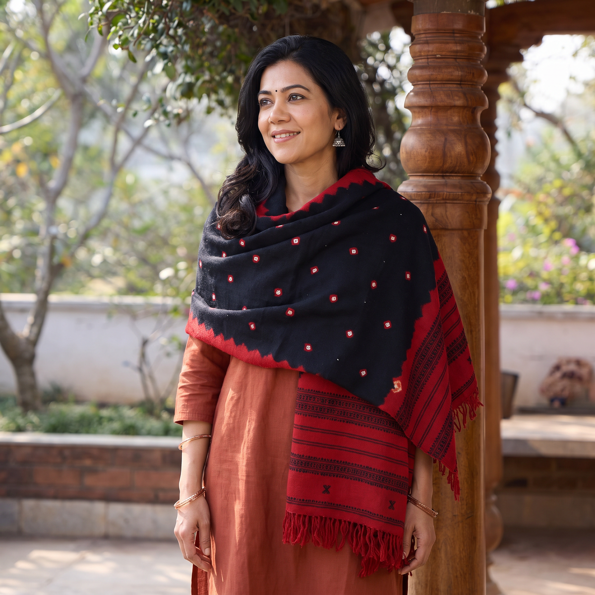 Black Kutch Handwoven Bandhani Mirror Work Merino Wool Shawl, worn by a model, AI visual of the shawl, iTokri