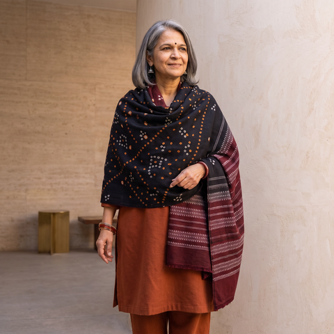 Black Kutch Handwoven Bandhani Tie-Dye Merino Wool Shawl, worn by a model, AI visual of the shawl, iTokri