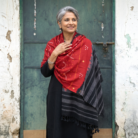 Red Kutch Handwoven Bandhani Tie-Dye Merino Wool Shawl, worn by a model, AI visual of the shawl, iTokri