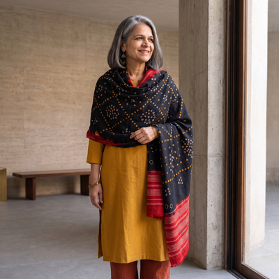 Black Kutch Handwoven Bandhani Tie-Dye Merino Wool Shawl, worn by a model, AI visual of the shawl, iTokri