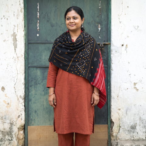 Black Kutch Handwoven Bandhani Tie-Dye Merino Wool Shawl, worn by a model, AI visual of the shawl, iTokri