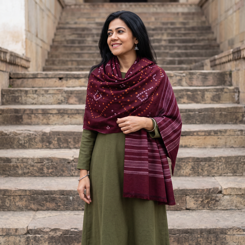 Maroon Kutch Handwoven Bandhani Tie-Dye Merino Wool Shawl, worn by a model, AI visual of the shawl, iTokri