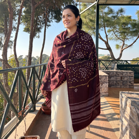 Brown Kutch Handwoven Bandhani Tie-Dye Merino Wool Shawl, worn by a model, AI visual of the shawl, iTokri