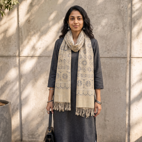 Beige Kutch Handwoven Block Print Wool Ajrakh Stole, worn by a woman, AI visual of the stole, iTokri