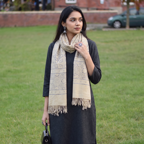 Beige Kutch Handwoven Block Print Wool Ajrakh Stole, worn by a woman, AI visual of the stole, iTokri