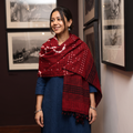 Maroon Kutch Handwoven Clamp Dyed Checks Bandhani Merino Wool Shawl, worn by a model, AI visual of the shawl, iTokri