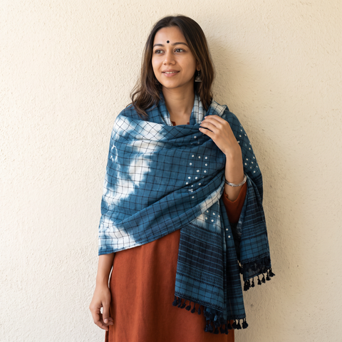 Blue Kutch Handwoven Clamp Dyed Checks Bandhani Merino Wool Shawl, worn by a model, AI visual of the shawl, iTokri