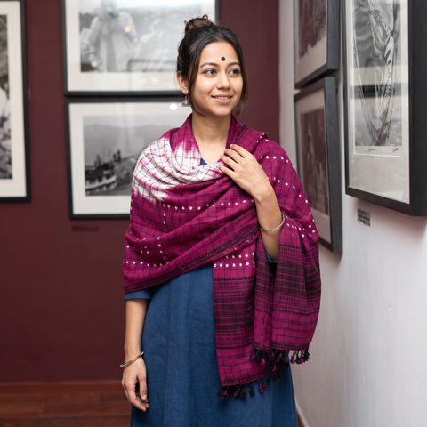Purple Kutch Handwoven Clamp Dyed Checks Bandhani Merino Wool Shawl, worn by a model, AI visual of the shawl, iTokri