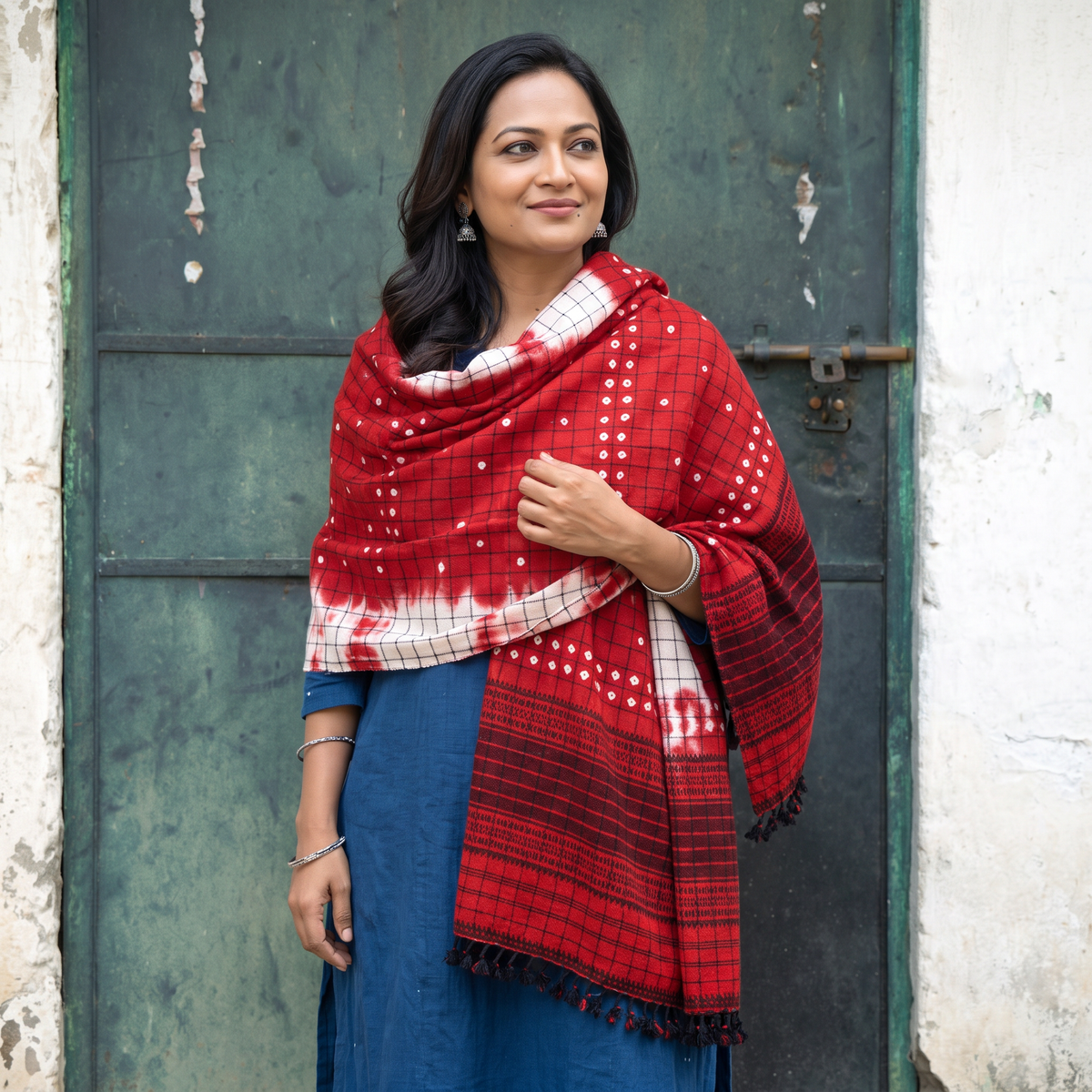 Red Kutch Handwoven Clamp Dyed Checks Bandhani Merino Wool Shawl, worn by a model, AI visual of the shawl, iTokri