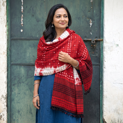 Red Kutch Handwoven Clamp Dyed Checks Bandhani Merino Wool Shawl, worn by a model, AI visual of the shawl, iTokri